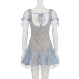 Dreamy and Western-style lace pleated princess dress with sparkling sequin design and puff-sleeved high-waisted dress.