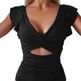 Women Monokini V-Neck Ruffle Sleeve One-Piece Swimsuit Solid Color High Waist Tummy Control Bathing Suit