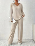 Autumn and Winter Casual V-neck Pocket Striped Knited Tops and Long Trousers Two-piece Sets, Women's Pajamas Set Sleepwear