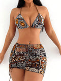 3 Pieces Triangle Halter Bikini 2026 Women & Beach Skirt Swimwear Female Printed Swimsuit Bathers Bathing Swimming Swim Suit
