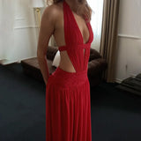 FDYOUI Sexy Halter Neck Backless Wedding Party Dress Women 2026 Summer Hollow Out Lace-up Long Maxi Evening Dresses Red Gowns