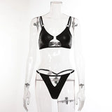 Toucheart Sexy Hollow Out Halter Chain Lingeries Bra Set Exotic Glossy Pu Leather Set Underwear For Women Bra Set Sexy Lingerie