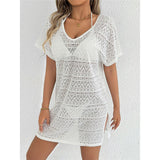 S - XL V Neck Short Sleeve Hollow Out Knitted Tunic Beach Cover Up Cover-ups Beach Dress Beach Wear Beachwear Female Women V8214