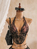 Sexy Black Mesh Shorts 3 Piece Bikinis Sets  2026 Women Pearls Push Up Tassel Bra Swimsuit Beach Holiday Bathing Suit Swimwear