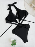 DEKA Women Mesh One-Piece Swimsuit Solid Black V-neck Swimwear Wrap Front Cutout Sexy Monokini Bathing Suits Beachwear