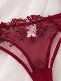 Wine Red Embroidered Floral Lingerie Set - Sexy Bra And G-string Combo with Heart Decoration Underwear Set for Women ZA824026