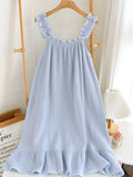 Women’s Cotton Gauze Ruffle Nightgown, Sleeveless Frill Strap Home Sleepwear, Soft Breathable Casual Night Dress for Summer