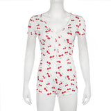 Pajamas Women's Onesies Front Button Cherry Print V-Neck Short Sleeve Romper Jumpsuit Nightgown Loungewear Sleepwear