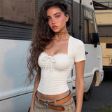 FDYOUI Women's Fashion Lace Patchwork T-shirt Streetwear Ladies Sexy Short Sleeve Bandage Tops Tees Y2K Slim Corset T Shirts
