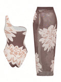 S - XL New With Skirt Printed One Shoulder Women Swimwear One Piece Swimsuit Female High Leg Cut Bather Bathing Suit Swim V8017