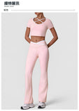 Summer Quick Drying Yoga Sets Women Black Patchwork Short Sleeve Cross Neck Sports Top High Waist Flared Pants Fitness Suits