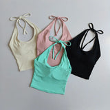 Women's Halter Neck Sports Bra Vest Slimming Tube Top for Yoga Gym Running Beautiful Back Sling Design One Cup Gathered Summer F
