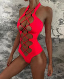 Hollow Out Swimwear Women 2025 High Neck Solid Black Cut Out Backless Monokini Bandage Bathing Suit Holiday One Piece Swimsuit