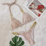 9 Colors Sexy Bikini Women Shining Fabric Golden Rhinestone Chain Swimwear Swimsuit Solid Halter Bikinis Set Bathing Suit Female