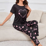 Women's Home Clothes Suit Heart Print Pajamas Set Soft Comfortable Crew Neck Tops & Pants Pyjama Femme Sleepwear for All Seasons