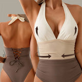S - XL Splicing V Neck Backless Halter Women Swimwear One Piece Swimsuit Female Monokini Padded Bather Bathing Suit Swim V7559