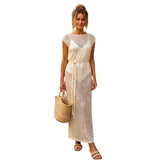 Women's Solid Color Knit Sheer Dress Summer Swim Cover Up Cap Sleeve Round Neck Sequin Dresses for Beach