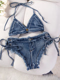DEKA Brazilian Denim Bathing Suit Women Suits Bikini Set Lace Up Drawstring Beachwear Solid Summer Vintage Two-pieces Swimwear