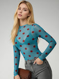 Women’s Spring Summer Crew Neck Mesh T-Shirts Long Sleeve Dots Print Slim Fit Transparent Classic Tops