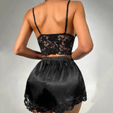 2 Pcs/Set Women Pajama Set Hollow Out Lace V Neck Sleeveless Crop Top High Waist Satin Shorts Anniversary Sleepwear Outfits