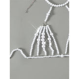 Luxury Pearls Halter Hollow Out See Through Bikini Top Female Swimsuit Women Swimwear Bather Bathing Suit Swim Beach Top V5409