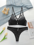 Ladies' Black Front Dutton Beautiful Back With Steel RingLlace Sexy Bra Underwear Thong Underwear Set J2509