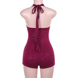 Sexy Halter Backless Rompers Short Jumpsuit Wine Red Black Deep V-neck Backless Lace-up Rhinestones Playsuit Female Bodysuit