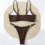 Sexy Ribbed Metal Rings High Cut Bikini Female Swimsuit Women Swimwear Two-pieces Bikini Set Micro Thong Bathing Suit Swim Lady