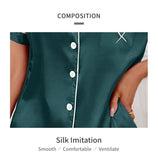 Women's Pajama Lounge Set Summer Heart Embroidered Pocket Patched Short Sleeve Shirt & Shorts Pajamas 2 Piece Set Pyjama Femme
