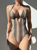 S - XL Printed Deep V Neck Halter One Piece Swimsuit Women Swimwear Female High Leg Cut Monokini Backless Bathing Suit Swim Lady