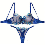 A Set of Sexy Blue Lingerie, Featuring Floral Patterns, Combining Charm and Sexiness ZA825146