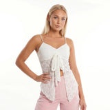 Women’s Spaghetti Strap Tank Tops Summer Sleeveless Tie Split Front Lace Sheer Vest Retro Sexy Corset Streetwear