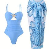 Vintage Orange Floral Print Skirt Swimwear Sets Women Starfish Hollow Out Tummy Control Bathing Suit Holiday One Piece Swimsuit