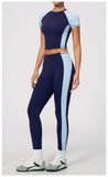 Nake Yoga Set Women's Tracksuit Color Contrast Short Sleeve Slim Sports T Shirts High Waist Leggings Fitness Clothes Gym Outfits