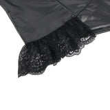 Black Sexy Lingeries Faux Leather Hollow Out Ruffled Lace Zipper Deep V-Neck Jumpsuits Adjustable Straps Elegant Women Bodysuits