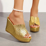 Fashion Wedge Heeled Gold Sandals Women 2026 Summer Peep Toe Chunky Platform Slippers Woman Plus Size 43 High Heel Party Sandles