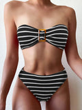 Striped Textured Bandeau Bikinis 2025 Women Sexy Swimsuit Push Up Swimwear Female Bathing Suit Swimming Summer Beachwear