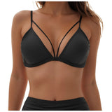 Women's Wire Free V Neck Triangle Bikini Top Black Hollow Out Push Up Bra Sexy Swimsuit Summer Adjustable Straps Bathing Suits