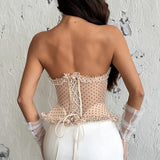 Women Corset Vest Sexy See Through Dot Print Lace Trim Club Wear Fishbone Tank Top Strapless Buckle Tie Rope Perspective Tops