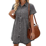 Faux Denim Button-down Mini Dress Women Summer Dress Short Sleeves A-line Lapel Patchwork Dress for Dating Commuting Party
