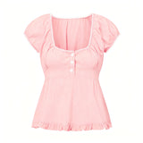 Summer Women Short Sleeve T-shirt Solid Color Low-necked Pleated Hem Casual Tops Y2K Retro Shirts