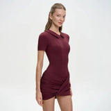 FDYOUI Women's Polo Collar Zip-up Jumpsuit Dress Chic Short Sleeve Folds Solid Bodysuits One Piece Yoga Fitness Sporty Playsuits