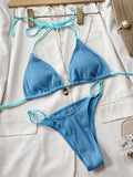 3 Colors Sexy Bikini Solid Pit Striped Swimwear Swimsuit Women Halter Bikinis Set Bathing Suit Beach Bikini Female Bikinis Mujer