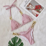 9 Colors Sexy Bikini Women Shining Fabric Golden Rhinestone Chain Swimwear Swimsuit Solid Halter Bikinis Set Bathing Suit Female