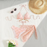 DEKA Pink Bikini Set Women Sexy 3-Piece Swimsuit Metal Chain Satin Female Swimwear New Fashion Korean Bathing Beachwear Holiday