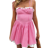 Summer Plaid Mini Cami Dress for Women Fashion Slim Ruffle Trim Tie-up Spaghetti Strap A-line Dresses for Daily Party