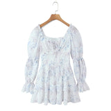 Sweet Long-sleeve Dress For Women Pleated Printed Short Women White Floral Print Mini Dress Long Puff Sleeve For Beach 96U3