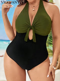 VigoJany 2026 Solid Patchwork Plus Size Swimwear Women Tied Halter Hollow One Piece Swimsuit Push Up Backless Big Bathing Suit