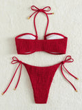 Halter Tie Side Pleated Smocked Bikini Women Bandeau Swimsuit Female Swimwear Two Pieces Bikini Set Bathing Suit Swim Beach Wear