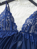 Transparent Blue Lingerie Women Underwear Sleepwear Lace Nightdress And Panties Pijamas Set Female Nighty